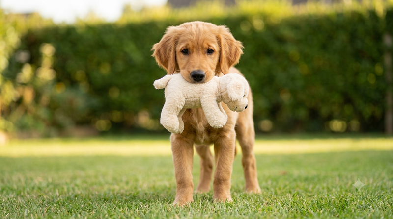 Golden Retriever puppy met knuffel