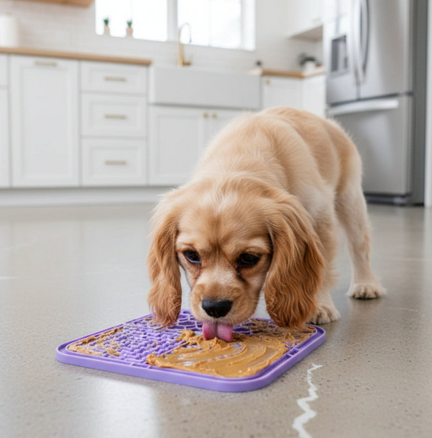 puppy met een likmat
