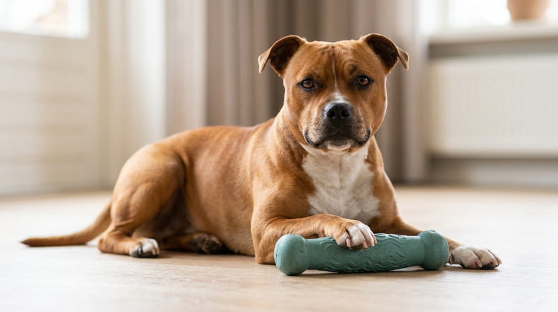 Staffordshire terrier met speeltje