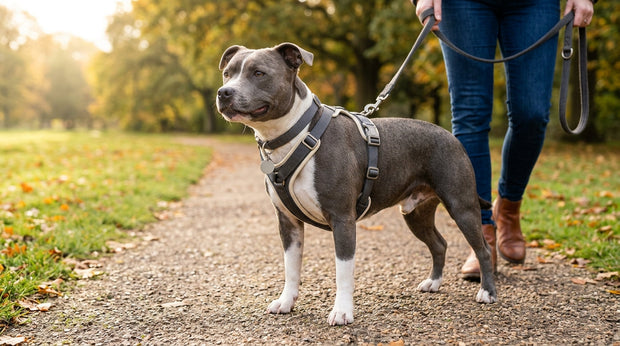 hond met halsband en tuigje
