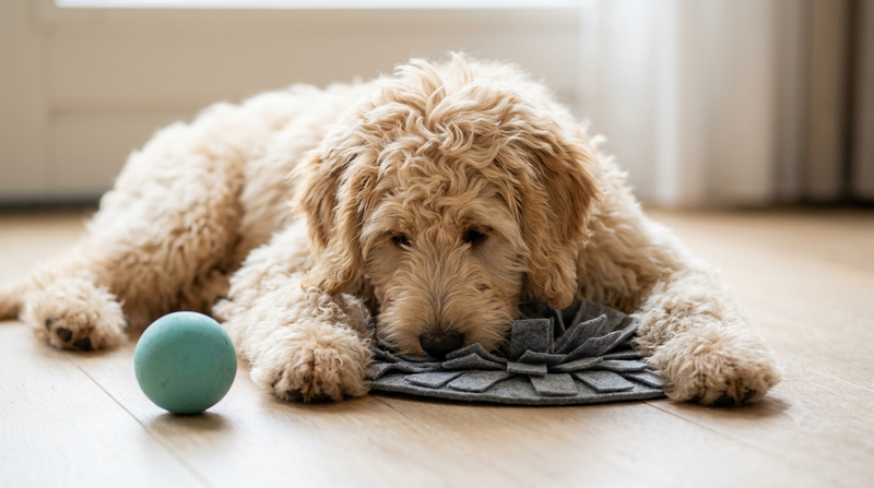 labradoodle met hondenspeeltjes