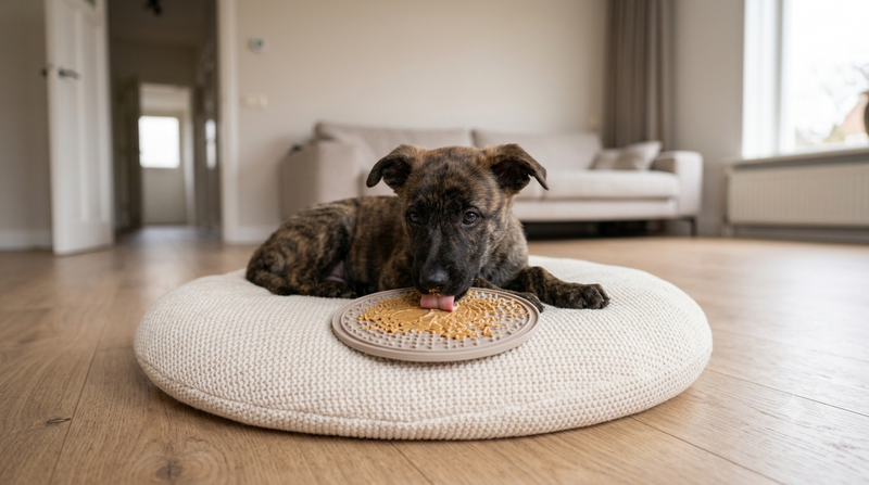 puppy alleen thuis met een likmat