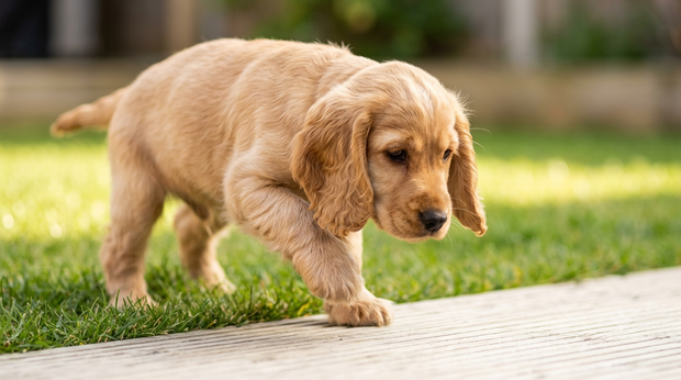 wandelende puppy in de tuin