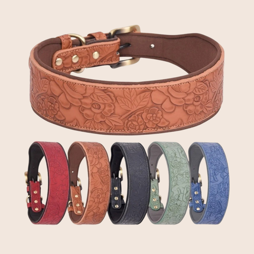 TRAILCOLLAR | Robuuste leren halsband met bloemenmotief