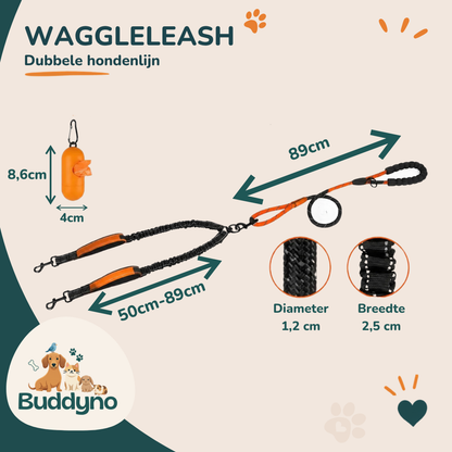 WAGGLELEASH | Dubbele hondenlijn met schokabsorptie